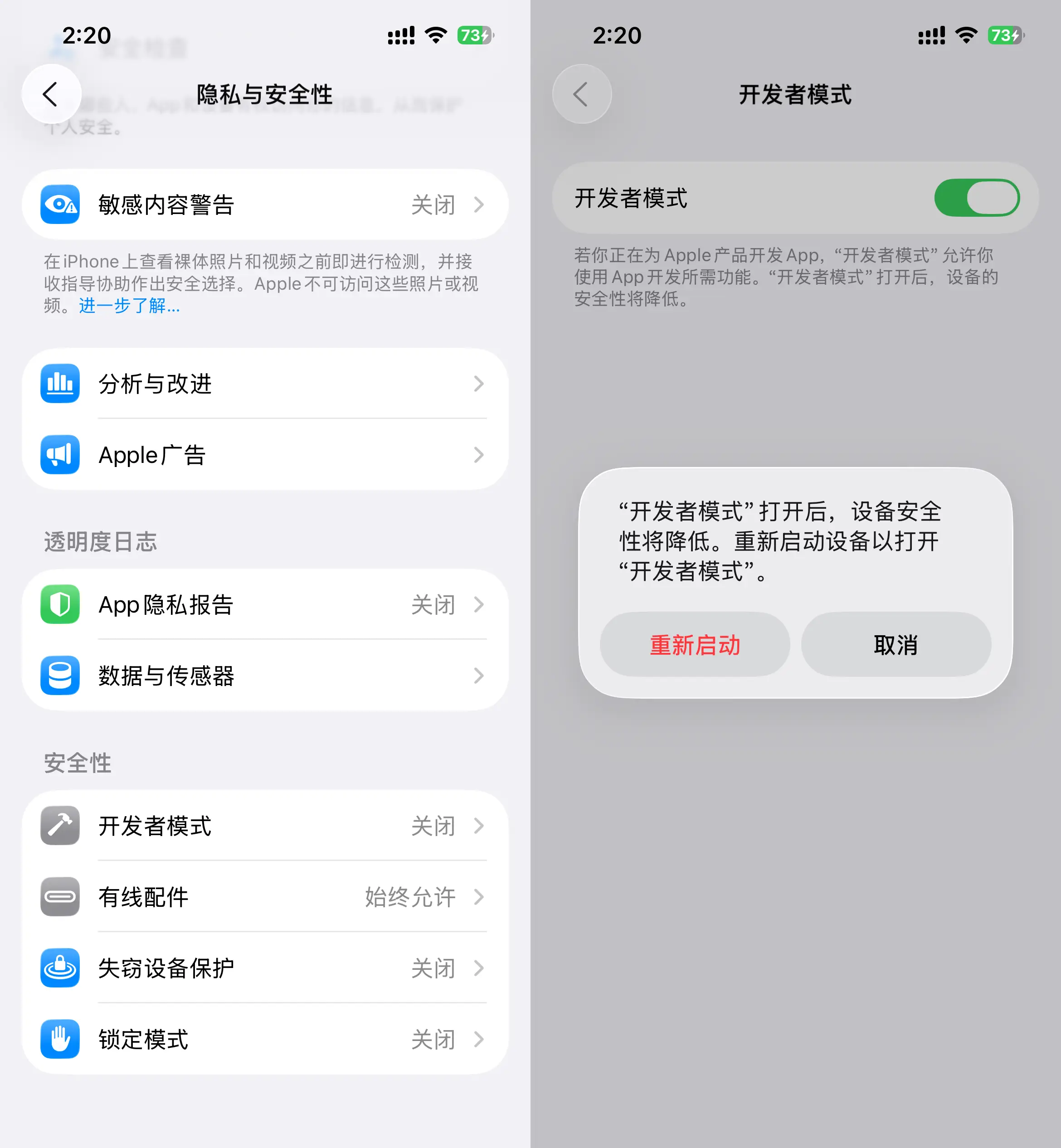 Enable Developer Mode in iOS Settings